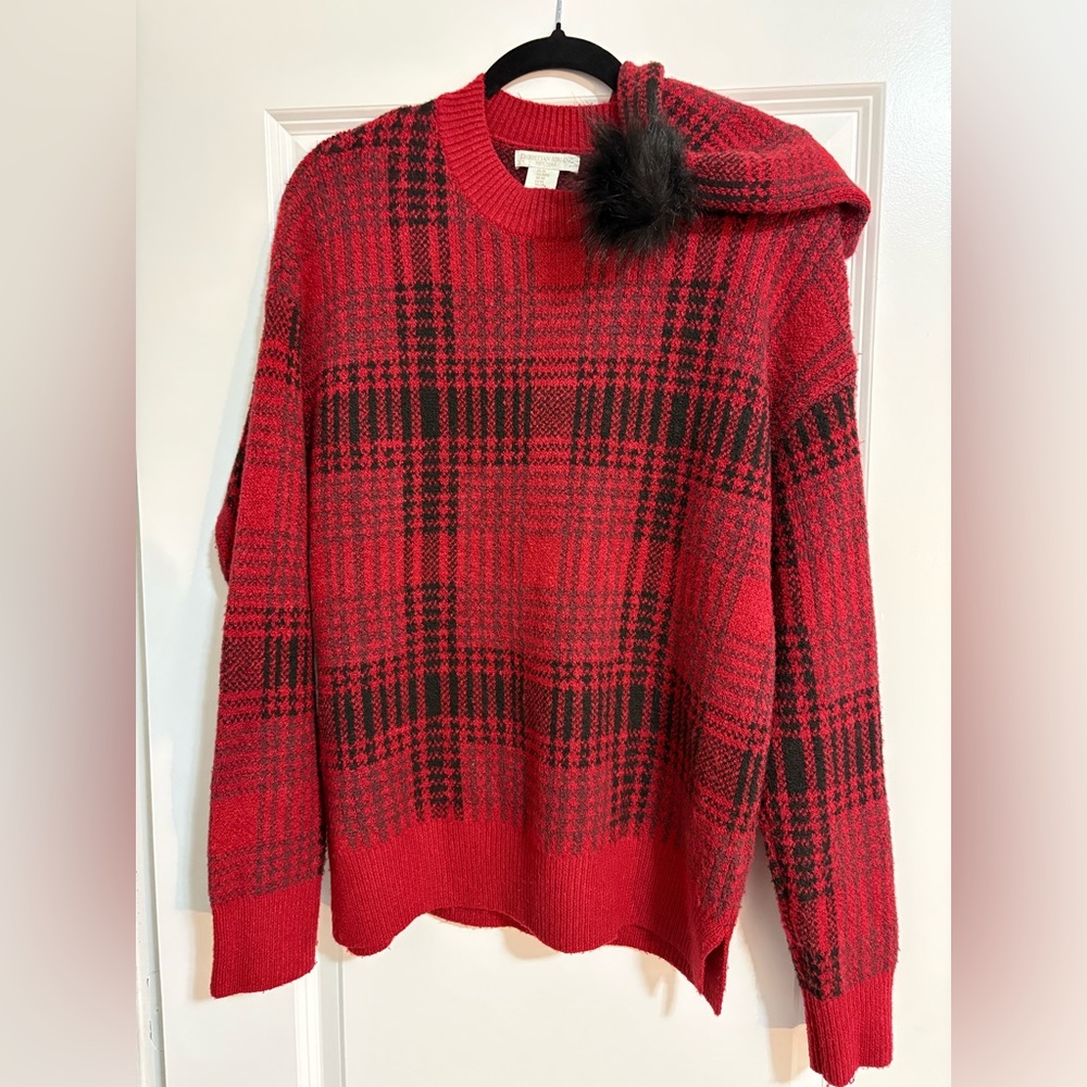 Christian Siriano Red and Black Plaid Sweater with matching hat